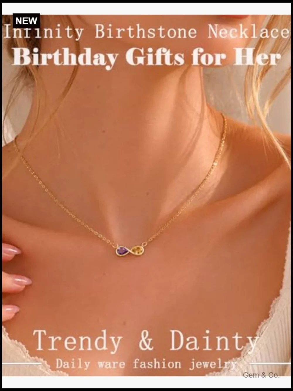 Gold Birthstone Pendant Necklace Dainty Infinity Double Birthstones 16 inch